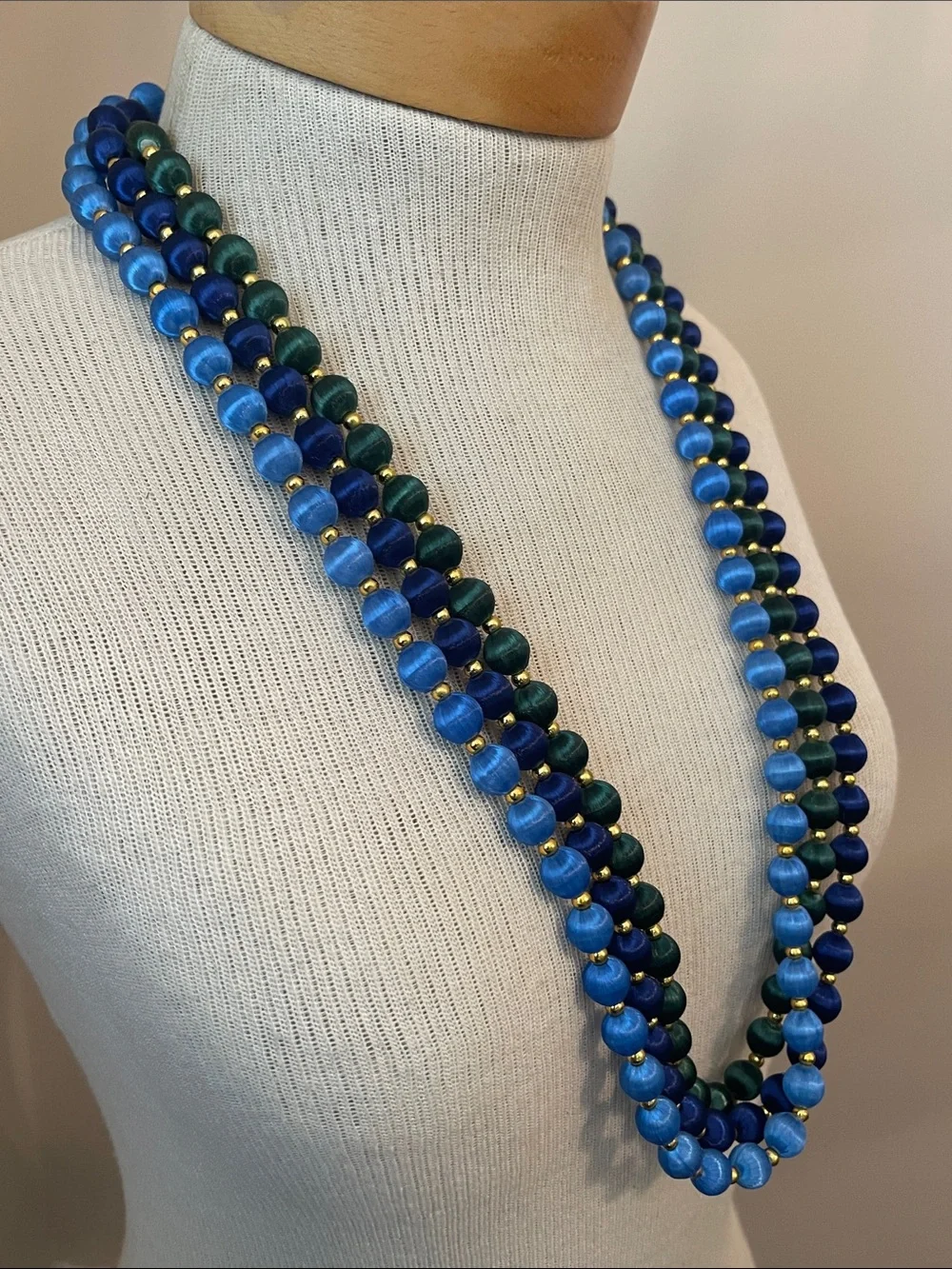 Vintage 3 Necklaces with Spun Silk Satin Beads Gold Tone Spacers 30 In. Approx